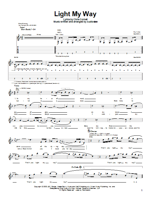 Preview Audioslave Light My Way Metal sheet music, notes and chords for Guitar Tab, SKU: 24979 sheet music, piano notes, chords, guitar tabs, score, transpose, transcribe, how to play, guide, download, learn, tutorial, progression, song, artist, awards, billboard, mtv, vh1, tour, single, album, release