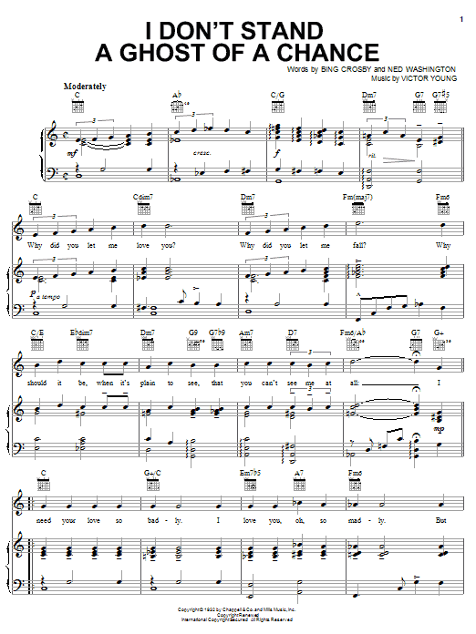 Preview Bing Crosby I Don't Stand A Ghost Of A Chance Jazz sheet music, notes and chords for Piano, Vocal & Guitar (Right-Hand Melody), SKU: 24981 sheet music, piano notes, chords, guitar tabs, score, transpose, transcribe, how to play, guide, download, learn, tutorial, progression, song, artist, awards, billboard, mtv, vh1, tour, single, album, release