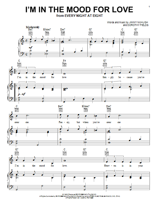 Preview Frank Sinatra I'm In The Mood For Love Jazz sheet music, notes and chords for Piano, Vocal & Guitar (Right-Hand Melody), SKU: 24985 sheet music, piano notes, chords, guitar tabs, score, transpose, transcribe, how to play, guide, download, learn, tutorial, progression, song, artist, awards, billboard, mtv, vh1, tour, single, album, release