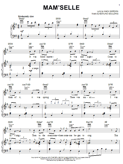 Preview Frank Sinatra Mam'selle Jazz sheet music, notes and chords for Piano, Vocal & Guitar (Right-Hand Melody), SKU: 24987 sheet music, piano notes, chords, guitar tabs, score, transpose, transcribe, how to play, guide, download, learn, tutorial, progression, song, artist, awards, billboard, mtv, vh1, tour, single, album, release