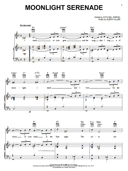 Preview Frank Sinatra Moonlight Serenade Jazz sheet music, notes and chords for Piano, Vocal & Guitar (Right-Hand Melody), SKU: 24988 sheet music, piano notes, chords, guitar tabs, score, transpose, transcribe, how to play, guide, download, learn, tutorial, progression, song, artist, awards, billboard, mtv, vh1, tour, single, album, release