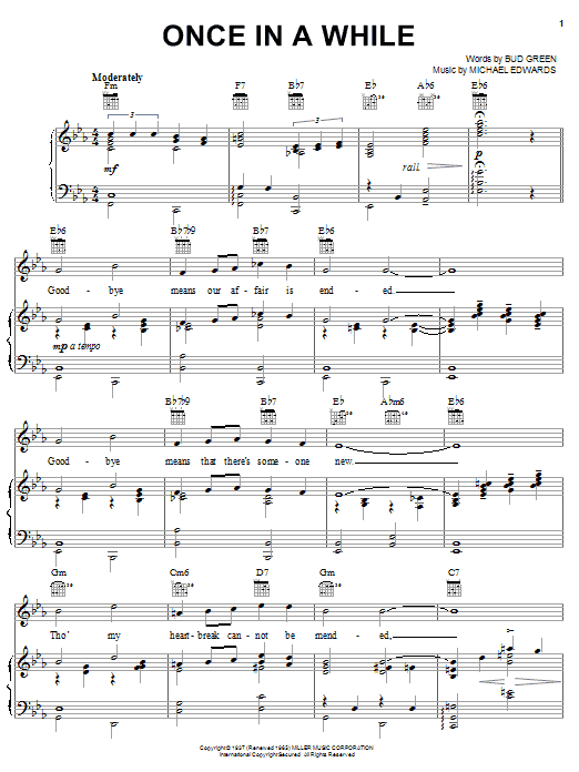 Preview Bud Green Once In A While Jazz sheet music, notes and chords for Piano, Vocal & Guitar (Right-Hand Melody), SKU: 24990 sheet music, piano notes, chords, guitar tabs, score, transpose, transcribe, how to play, guide, download, learn, tutorial, progression, song, artist, awards, billboard, mtv, vh1, tour, single, album, release