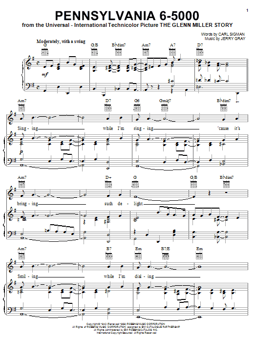 Preview Glenn Miller Pennsylvania 6-5000 Jazz sheet music, notes and chords for Piano, Vocal & Guitar (Right-Hand Melody), SKU: 24992 sheet music, piano notes, chords, guitar tabs, score, transpose, transcribe, how to play, guide, download, learn, tutorial, progression, song, artist, awards, billboard, mtv, vh1, tour, single, album, release