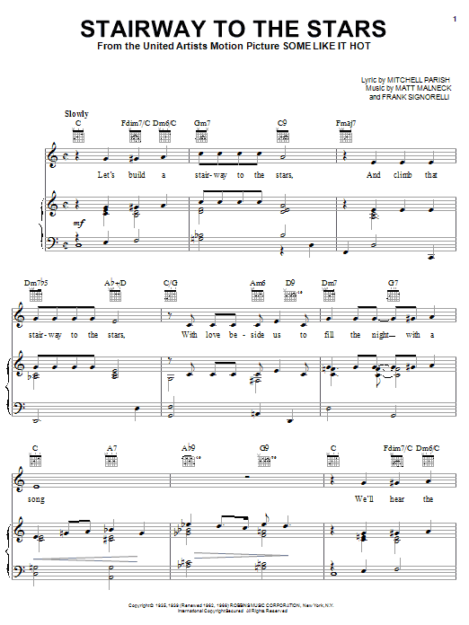 Preview Ella Fitzgerald Stairway To The Stars Jazz sheet music, notes and chords for Piano, Vocal & Guitar (Right-Hand Melody), SKU: 24993 sheet music, piano notes, chords, guitar tabs, score, transpose, transcribe, how to play, guide, download, learn, tutorial, progression, song, artist, awards, billboard, mtv, vh1, tour, single, album, release