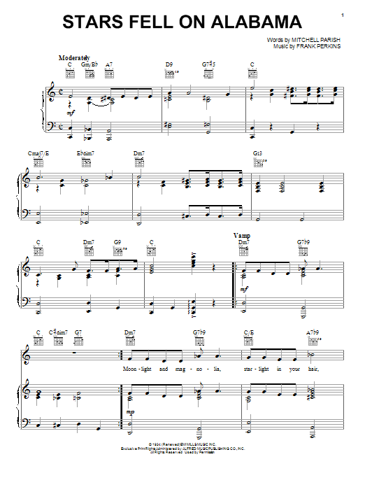Preview Ella Fitzgerald Stars Fell On Alabama Country sheet music, notes and chords for Piano, Vocal & Guitar (Right-Hand Melody), SKU: 24994 sheet music, piano notes, chords, guitar tabs, score, transpose, transcribe, how to play, guide, download, learn, tutorial, progression, song, artist, awards, billboard, mtv, vh1, tour, single, album, release