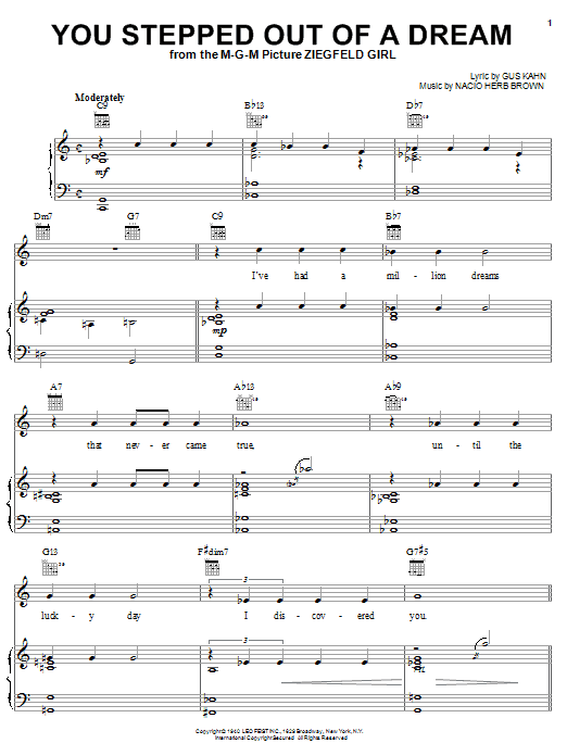 Preview Sarah Vaughan You Stepped Out Of A Dream (from Ziegfeld Girl) Film and TV sheet music, notes and chords for Piano, Vocal & Guitar (Right-Hand Melody), SKU: 24996 sheet music, piano notes, chords, guitar tabs, score, transpose, transcribe, how to play, guide, download, learn, tutorial, progression, song, artist, awards, billboard, mtv, vh1, tour, single, album, release