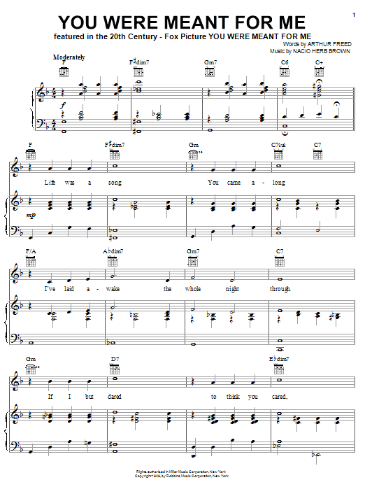 Preview Gene Kelly You Were Meant For Me Film and TV sheet music, notes and chords for Piano, Vocal & Guitar (Right-Hand Melody), SKU: 24997 sheet music, piano notes, chords, guitar tabs, score, transpose, transcribe, how to play, guide, download, learn, tutorial, progression, song, artist, awards, billboard, mtv, vh1, tour, single, album, release