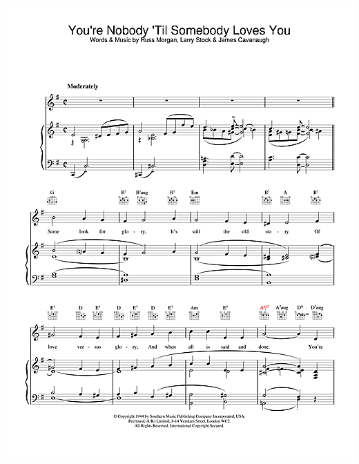 Preview Nat King Cole You're Nobody Till Somebody Loves You Easy Listening sheet music, notes and chords for Piano, Vocal & Guitar (Right-Hand Melody), SKU: 24999 sheet music, piano notes, chords, guitar tabs, score, transpose, transcribe, how to play, guide, download, learn, tutorial, progression, song, artist, awards, billboard, mtv, vh1, tour, single, album, release