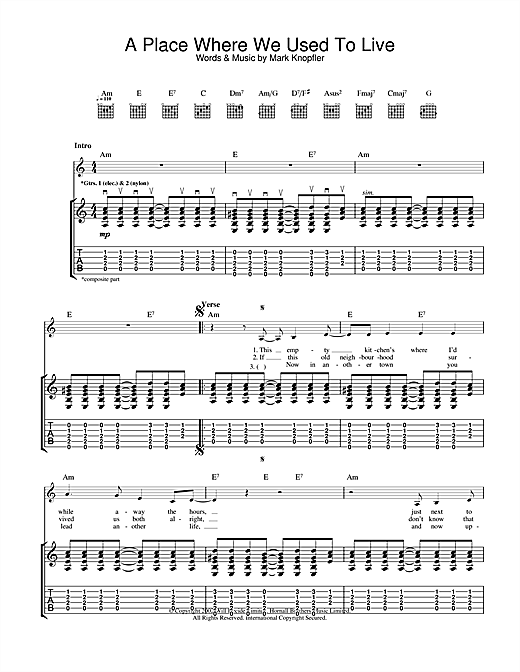 Preview Mark Knopfler A Place Where We Used To Live Rock sheet music, notes and chords for Guitar Tab, SKU: 25000 sheet music, piano notes, chords, guitar tabs, score, transpose, transcribe, how to play, guide, download, learn, tutorial, progression, song, artist, awards, billboard, mtv, vh1, tour, single, album, release