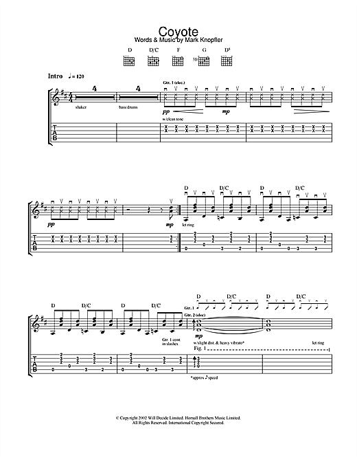 Preview Mark Knopfler Coyote Rock sheet music, notes and chords for Guitar Tab, SKU: 25001 sheet music, piano notes, chords, guitar tabs, score, transpose, transcribe, how to play, guide, download, learn, tutorial, progression, song, artist, awards, billboard, mtv, vh1, tour, single, album, release