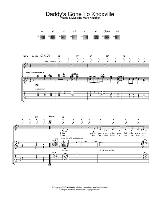 Preview Mark Knopfler Daddy's Gone To Knoxville Rock sheet music, notes and chords for Guitar Tab, SKU: 25002 sheet music, piano notes, chords, guitar tabs, score, transpose, transcribe, how to play, guide, download, learn, tutorial, progression, song, artist, awards, billboard, mtv, vh1, tour, single, album, release