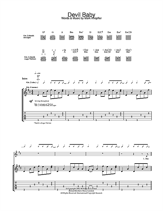 Preview Mark Knopfler Devil Baby Rock sheet music, notes and chords for Guitar Tab, SKU: 25003 sheet music, piano notes, chords, guitar tabs, score, transpose, transcribe, how to play, guide, download, learn, tutorial, progression, song, artist, awards, billboard, mtv, vh1, tour, single, album, release