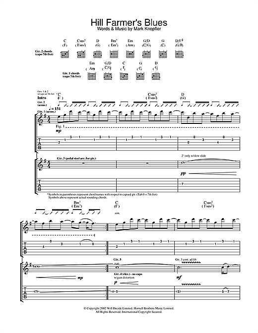 Preview Mark Knopfler Hill Farmer's Blues Rock sheet music, notes and chords for Guitar Tab, SKU: 25004 sheet music, piano notes, chords, guitar tabs, score, transpose, transcribe, how to play, guide, download, learn, tutorial, progression, song, artist, awards, billboard, mtv, vh1, tour, single, album, release