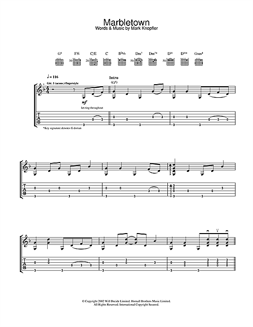 Preview Mark Knopfler Marbletown Rock sheet music, notes and chords for Guitar Tab, SKU: 25005 sheet music, piano notes, chords, guitar tabs, score, transpose, transcribe, how to play, guide, download, learn, tutorial, progression, song, artist, awards, billboard, mtv, vh1, tour, single, album, release