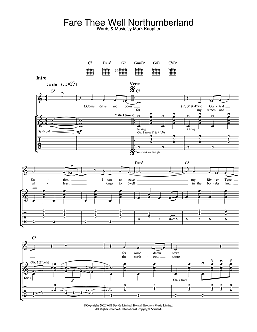 Preview Mark Knopfler Fare Thee Well Northumberland Rock sheet music, notes and chords for Guitar Tab, SKU: 25006 sheet music, piano notes, chords, guitar tabs, score, transpose, transcribe, how to play, guide, download, learn, tutorial, progression, song, artist, awards, billboard, mtv, vh1, tour, single, album, release