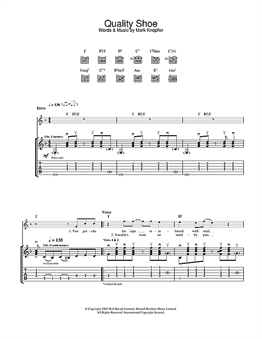Preview Mark Knopfler Quality Shoe Rock sheet music, notes and chords for Guitar Tab, SKU: 25009 sheet music, piano notes, chords, guitar tabs, score, transpose, transcribe, how to play, guide, download, learn, tutorial, progression, song, artist, awards, billboard, mtv, vh1, tour, single, album, release