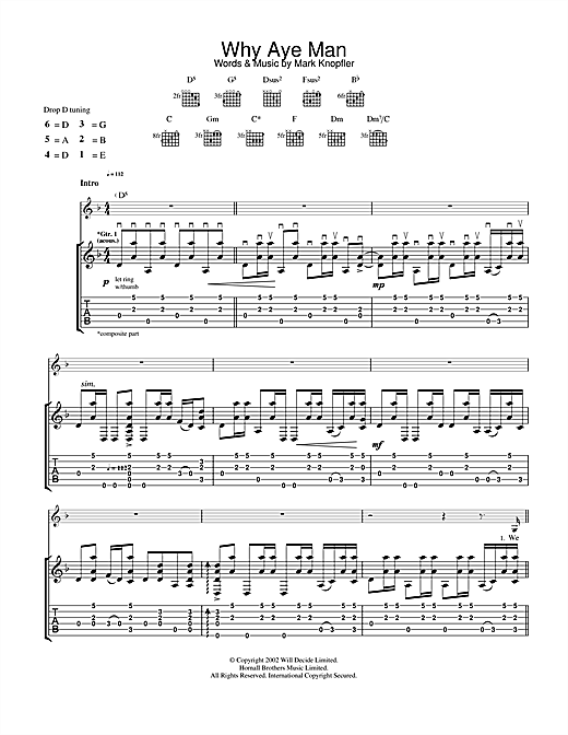 Preview Mark Knopfler Why Aye Man Rock sheet music, notes and chords for Guitar Tab, SKU: 25010 sheet music, piano notes, chords, guitar tabs, score, transpose, transcribe, how to play, guide, download, learn, tutorial, progression, song, artist, awards, billboard, mtv, vh1, tour, single, album, release