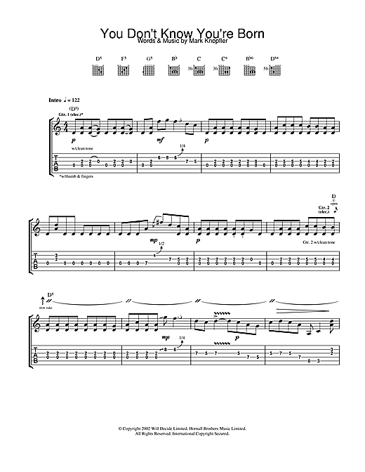 Preview Mark Knopfler You Don't Know You're Born Rock sheet music, notes and chords for Guitar Tab, SKU: 25011 sheet music, piano notes, chords, guitar tabs, score, transpose, transcribe, how to play, guide, download, learn, tutorial, progression, song, artist, awards, billboard, mtv, vh1, tour, single, album, release