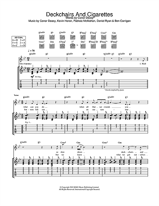 Preview The Thrills Deckchairs And Cigarettes Rock sheet music, notes and chords for Guitar Tab, SKU: 25012 sheet music, piano notes, chords, guitar tabs, score, transpose, transcribe, how to play, guide, download, learn, tutorial, progression, song, artist, awards, billboard, mtv, vh1, tour, single, album, release