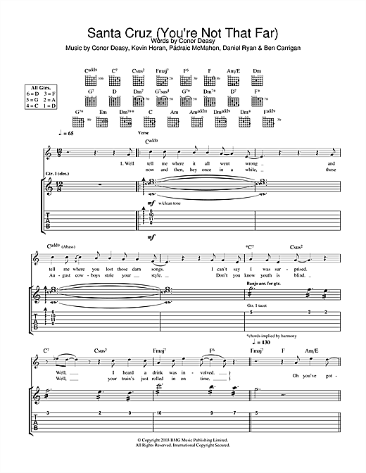 Preview The Thrills Santa Cruz (You're Not That Far) Rock sheet music, notes and chords for Guitar Tab, SKU: 25017 sheet music, piano notes, chords, guitar tabs, score, transpose, transcribe, how to play, guide, download, learn, tutorial, progression, song, artist, awards, billboard, mtv, vh1, tour, single, album, release
