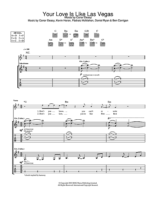 Preview The Thrills Your Love Is Like Las Vegas Rock sheet music, notes and chords for Guitar Tab, SKU: 25020 sheet music, piano notes, chords, guitar tabs, score, transpose, transcribe, how to play, guide, download, learn, tutorial, progression, song, artist, awards, billboard, mtv, vh1, tour, single, album, release