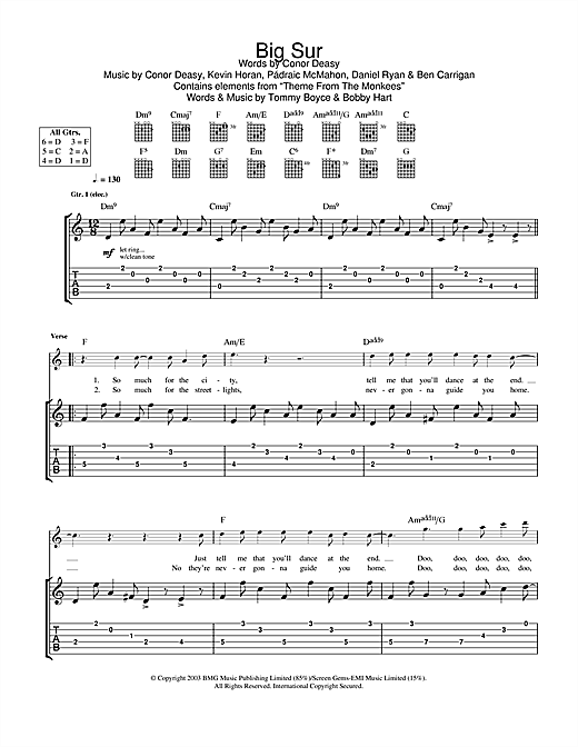 Preview The Thrills Big Sur Rock sheet music, notes and chords for Guitar Tab, SKU: 25022 sheet music, piano notes, chords, guitar tabs, score, transpose, transcribe, how to play, guide, download, learn, tutorial, progression, song, artist, awards, billboard, mtv, vh1, tour, single, album, release