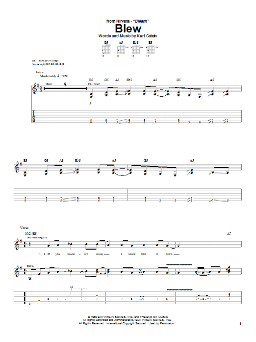 Preview Nirvana Blew Rock sheet music, notes and chords for Guitar Tab, SKU: 25026 sheet music, piano notes, chords, guitar tabs, score, transpose, transcribe, how to play, guide, download, learn, tutorial, progression, song, artist, awards, billboard, mtv, vh1, tour, single, album, release