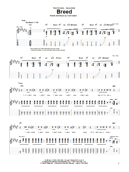Preview Nirvana Breed Pop sheet music, notes and chords for Guitar Tab, SKU: 25027 sheet music, piano notes, chords, guitar tabs, score, transpose, transcribe, how to play, guide, download, learn, tutorial, progression, song, artist, awards, billboard, mtv, vh1, tour, single, album, release