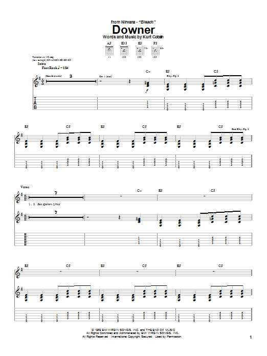 Preview Nirvana Downer Rock sheet music, notes and chords for Guitar Tab, SKU: 25028 sheet music, piano notes, chords, guitar tabs, score, transpose, transcribe, how to play, guide, download, learn, tutorial, progression, song, artist, awards, billboard, mtv, vh1, tour, single, album, release