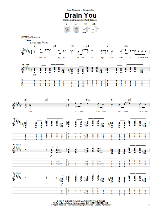 Preview Nirvana Drain You Pop sheet music, notes and chords for Guitar Tab, SKU: 25029 sheet music, piano notes, chords, guitar tabs, score, transpose, transcribe, how to play, guide, download, learn, tutorial, progression, song, artist, awards, billboard, mtv, vh1, tour, single, album, release