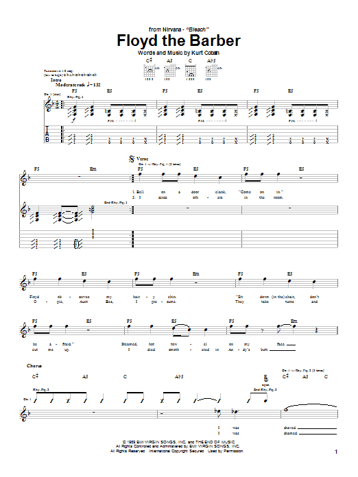 Preview Nirvana Floyd The Barber Rock sheet music, notes and chords for Guitar Tab, SKU: 25030 sheet music, piano notes, chords, guitar tabs, score, transpose, transcribe, how to play, guide, download, learn, tutorial, progression, song, artist, awards, billboard, mtv, vh1, tour, single, album, release