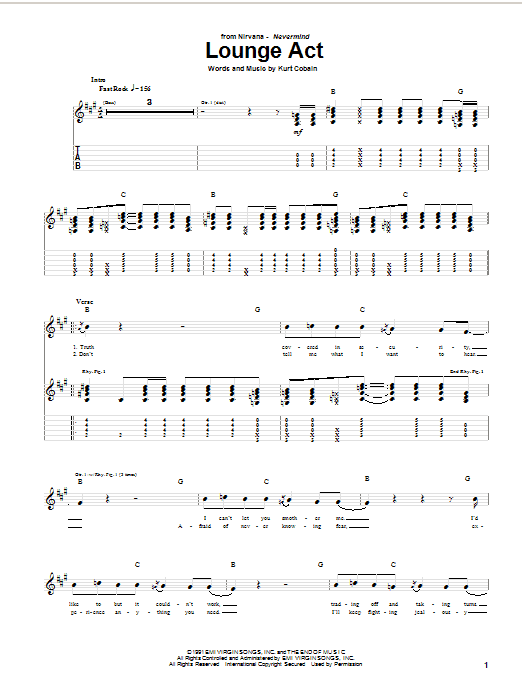 Preview Nirvana Lounge Act Pop sheet music, notes and chords for Guitar Tab, SKU: 25031 sheet music, piano notes, chords, guitar tabs, score, transpose, transcribe, how to play, guide, download, learn, tutorial, progression, song, artist, awards, billboard, mtv, vh1, tour, single, album, release