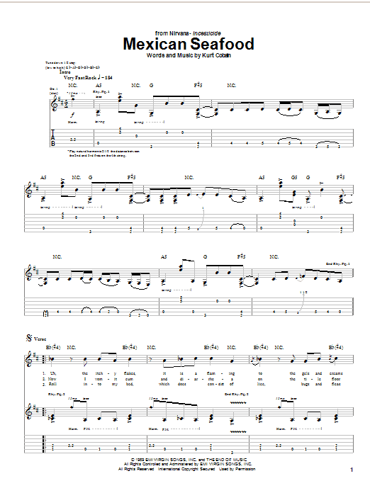 Preview Nirvana Mexican Seafood Rock sheet music, notes and chords for Guitar Tab, SKU: 25032 sheet music, piano notes, chords, guitar tabs, score, transpose, transcribe, how to play, guide, download, learn, tutorial, progression, song, artist, awards, billboard, mtv, vh1, tour, single, album, release
