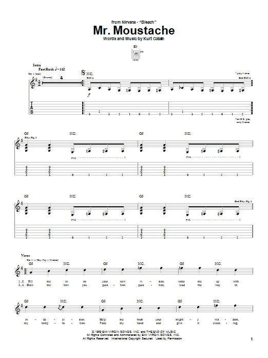 Preview Nirvana Mr. Moustache Rock sheet music, notes and chords for Guitar Tab, SKU: 25033 sheet music, piano notes, chords, guitar tabs, score, transpose, transcribe, how to play, guide, download, learn, tutorial, progression, song, artist, awards, billboard, mtv, vh1, tour, single, album, release