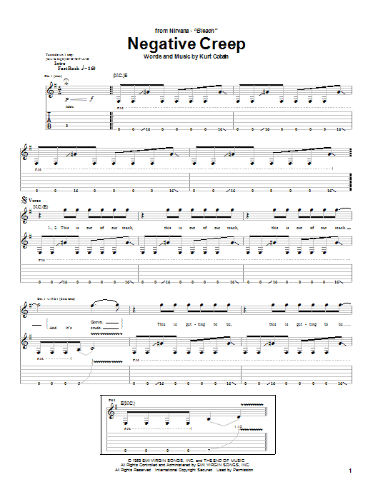 Preview Nirvana Negative Creep Rock sheet music, notes and chords for Guitar Tab, SKU: 25034 sheet music, piano notes, chords, guitar tabs, score, transpose, transcribe, how to play, guide, download, learn, tutorial, progression, song, artist, awards, billboard, mtv, vh1, tour, single, album, release