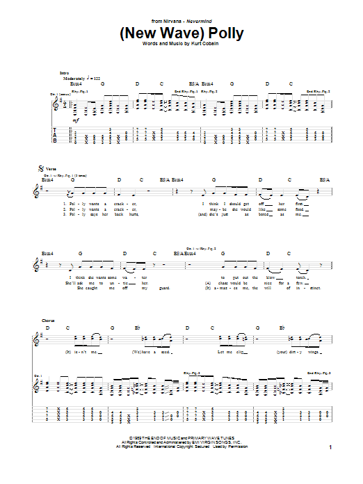 Preview Nirvana (New Wave) Polly Pop sheet music, notes and chords for Guitar Tab, SKU: 25036 sheet music, piano notes, chords, guitar tabs, score, transpose, transcribe, how to play, guide, download, learn, tutorial, progression, song, artist, awards, billboard, mtv, vh1, tour, single, album, release