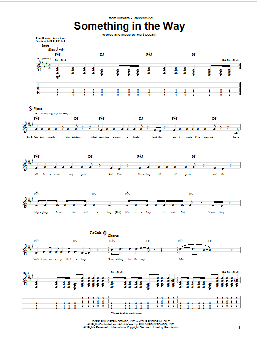 Preview Nirvana Something In The Way Pop sheet music, notes and chords for Guitar Tab, SKU: 25037 sheet music, piano notes, chords, guitar tabs, score, transpose, transcribe, how to play, guide, download, learn, tutorial, progression, song, artist, awards, billboard, mtv, vh1, tour, single, album, release