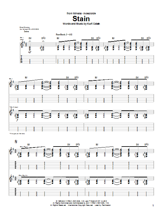 Preview Nirvana Stain Rock sheet music, notes and chords for Guitar Tab, SKU: 25038 sheet music, piano notes, chords, guitar tabs, score, transpose, transcribe, how to play, guide, download, learn, tutorial, progression, song, artist, awards, billboard, mtv, vh1, tour, single, album, release