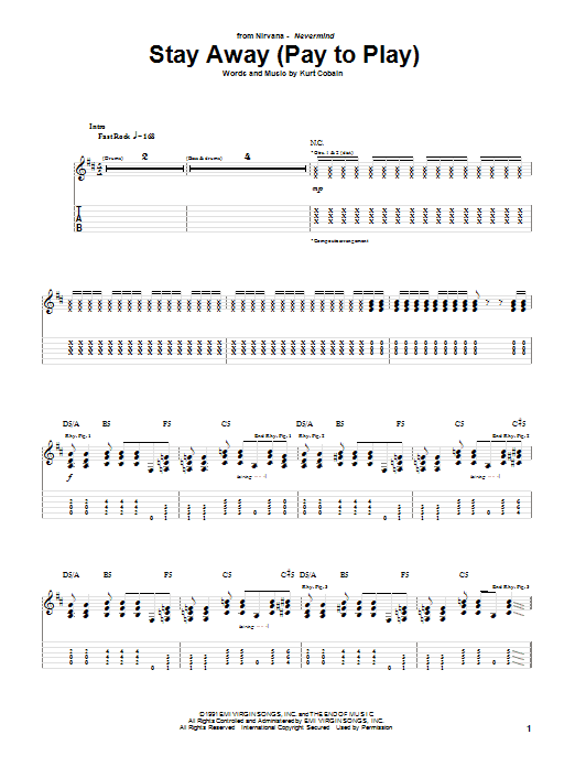 Preview Nirvana Stay Away Pop sheet music, notes and chords for Guitar Tab, SKU: 25039 sheet music, piano notes, chords, guitar tabs, score, transpose, transcribe, how to play, guide, download, learn, tutorial, progression, song, artist, awards, billboard, mtv, vh1, tour, single, album, release