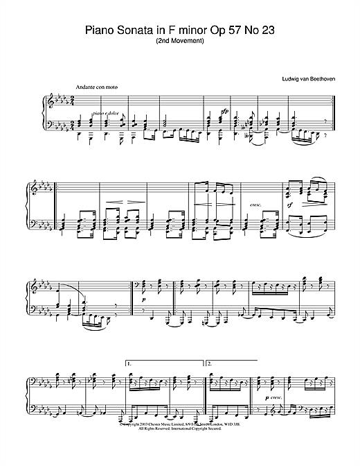 Preview Ludwig van Beethoven Piano Sonata in F minor Op.57 No.23 (Appassionata), 2nd Movement Classical sheet music, notes and chords for Piano, SKU: 25041 sheet music, piano notes, chords, guitar tabs, score, transpose, transcribe, how to play, guide, download, learn, tutorial, progression, song, artist, awards, billboard, mtv, vh1, tour, single, album, release