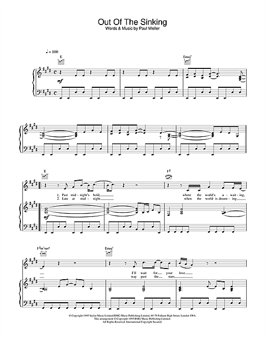 Preview Paul Weller Out Of The Sinking Rock sheet music, notes and chords for Piano, Vocal & Guitar, SKU: 25055 sheet music, piano notes, chords, guitar tabs, score, transpose, transcribe, how to play, guide, download, learn, tutorial, progression, song, artist, awards, billboard, mtv, vh1, tour, single, album, release