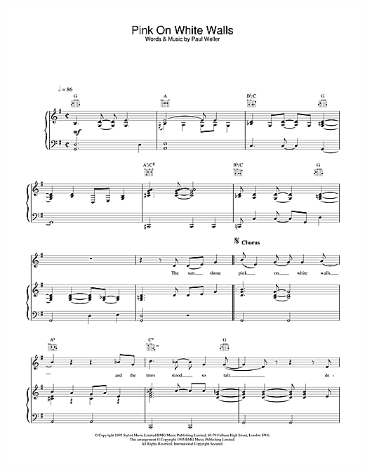 Preview Paul Weller Pink On White Walls Rock sheet music, notes and chords for Piano, Vocal & Guitar, SKU: 25056 sheet music, piano notes, chords, guitar tabs, score, transpose, transcribe, how to play, guide, download, learn, tutorial, progression, song, artist, awards, billboard, mtv, vh1, tour, single, album, release