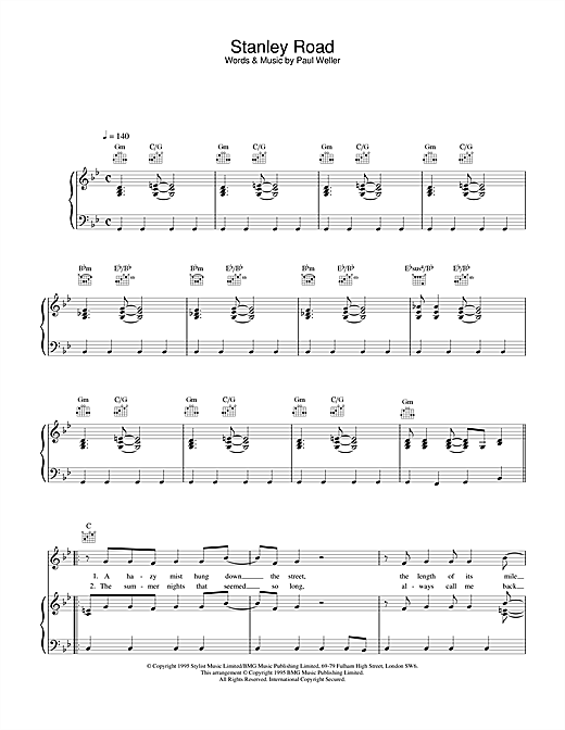Preview Paul Weller Stanley Road Rock sheet music, notes and chords for Piano, Vocal & Guitar (Right-Hand Melody), SKU: 25057 sheet music, piano notes, chords, guitar tabs, score, transpose, transcribe, how to play, guide, download, learn, tutorial, progression, song, artist, awards, billboard, mtv, vh1, tour, single, album, release