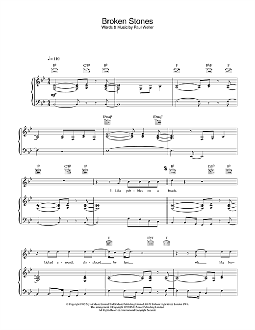 Preview Paul Weller Broken Stones Rock sheet music, notes and chords for Piano, Vocal & Guitar, SKU: 25058 sheet music, piano notes, chords, guitar tabs, score, transpose, transcribe, how to play, guide, download, learn, tutorial, progression, song, artist, awards, billboard, mtv, vh1, tour, single, album, release