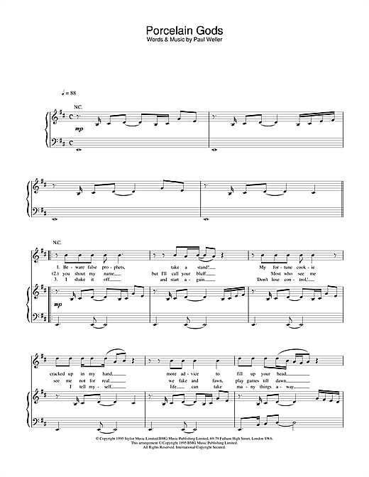 Preview Paul Weller Porcelain Gods Rock sheet music, notes and chords for Piano, Vocal & Guitar, SKU: 25059 sheet music, piano notes, chords, guitar tabs, score, transpose, transcribe, how to play, guide, download, learn, tutorial, progression, song, artist, awards, billboard, mtv, vh1, tour, single, album, release