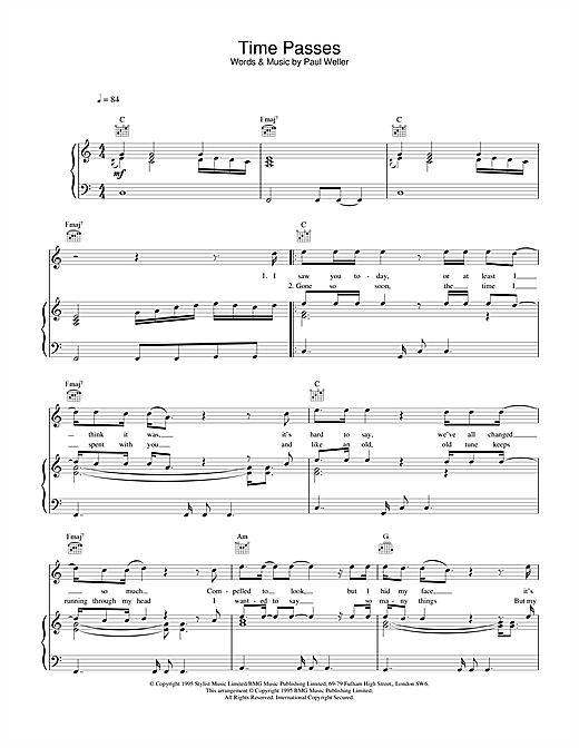 Preview Paul Weller Time Passes Rock sheet music, notes and chords for Piano, Vocal & Guitar (Right-Hand Melody), SKU: 25060 sheet music, piano notes, chords, guitar tabs, score, transpose, transcribe, how to play, guide, download, learn, tutorial, progression, song, artist, awards, billboard, mtv, vh1, tour, single, album, release