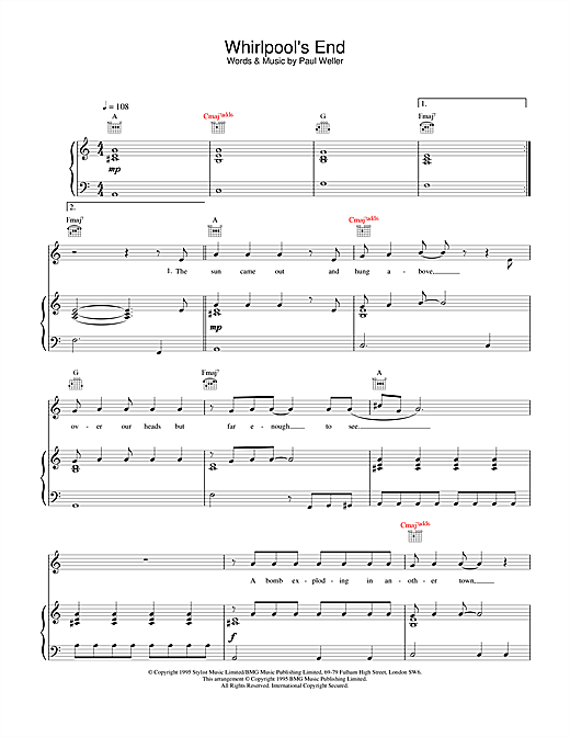 Preview Paul Weller Whirlpool's End Rock sheet music, notes and chords for Piano, Vocal & Guitar (Right-Hand Melody), SKU: 25061 sheet music, piano notes, chords, guitar tabs, score, transpose, transcribe, how to play, guide, download, learn, tutorial, progression, song, artist, awards, billboard, mtv, vh1, tour, single, album, release