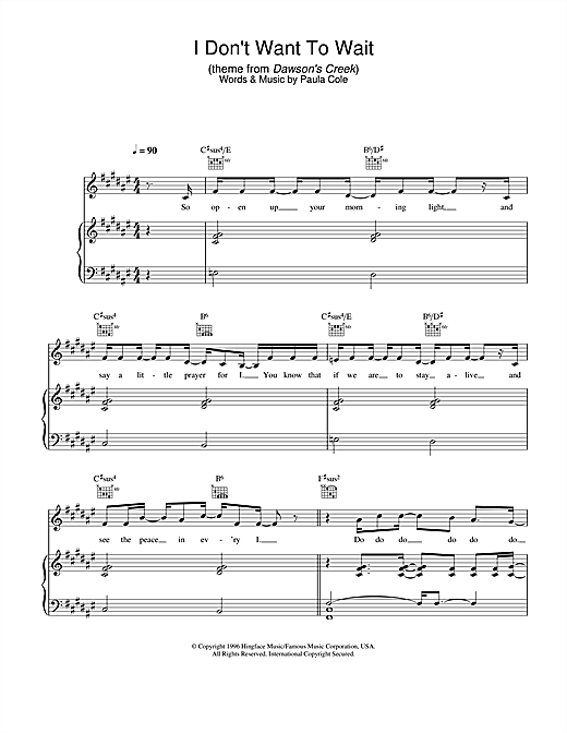 Preview Paula Cole I Don't Want To Wait (theme from Dawson's Creek) Pop sheet music, notes and chords for Piano, Vocal & Guitar, SKU: 25063 sheet music, piano notes, chords, guitar tabs, score, transpose, transcribe, how to play, guide, download, learn, tutorial, progression, song, artist, awards, billboard, mtv, vh1, tour, single, album, release