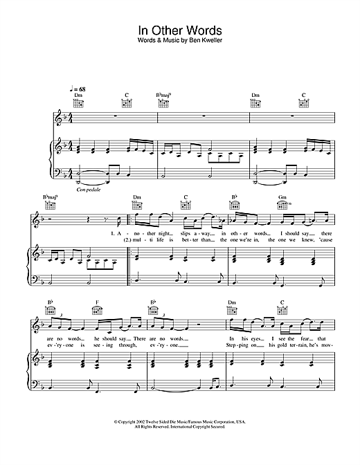 Preview Ben Kweller In Other Words Pop sheet music, notes and chords for Piano, Vocal & Guitar, SKU: 25064 sheet music, piano notes, chords, guitar tabs, score, transpose, transcribe, how to play, guide, download, learn, tutorial, progression, song, artist, awards, billboard, mtv, vh1, tour, single, album, release