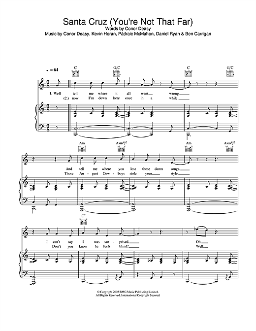 Preview The Thrills Santa Cruz (You're Not That Far) Rock sheet music, notes and chords for Piano, Vocal & Guitar, SKU: 25066 sheet music, piano notes, chords, guitar tabs, score, transpose, transcribe, how to play, guide, download, learn, tutorial, progression, song, artist, awards, billboard, mtv, vh1, tour, single, album, release
